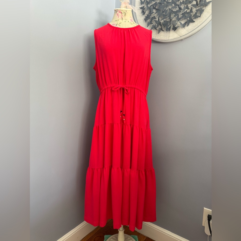Calvin Klein Hot Pink/Coral Sleeveless Tiered Maxi Dress